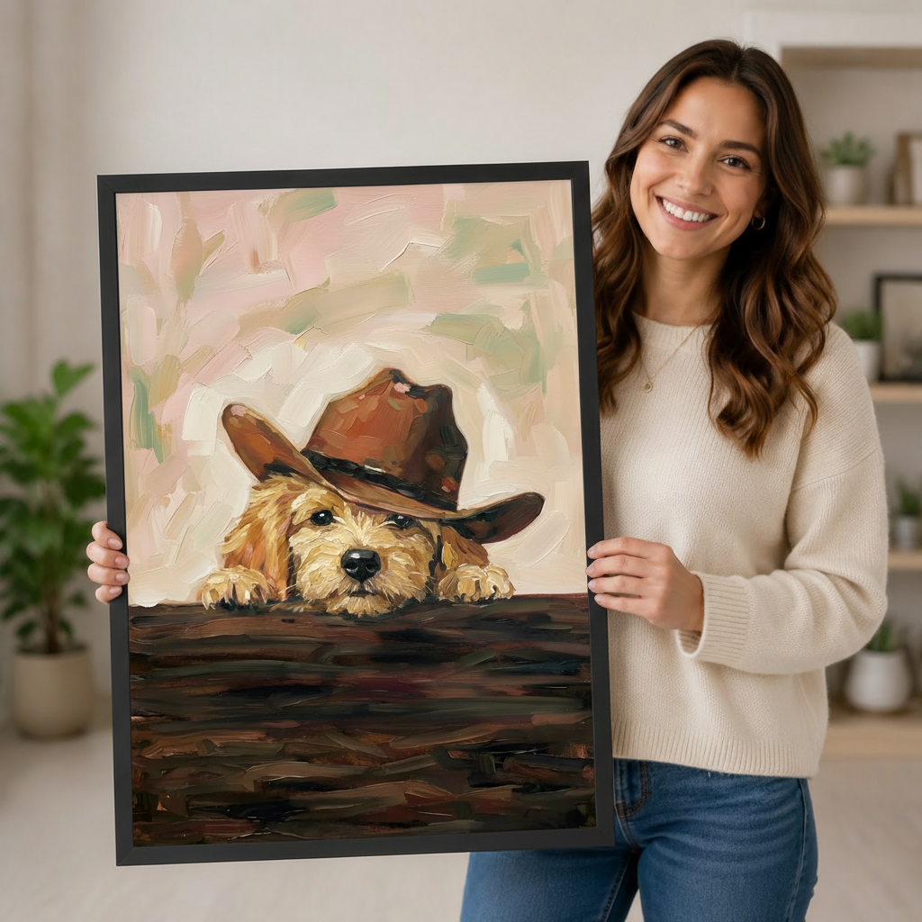 Woman holding a large black framed golden puppy cowboy hat wall art print to show print size and impasto oil painting texture in a home interior setting