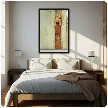 Humorous framed dog wall art featuring a peeking golden retriever above a wooden bed in a bright sunlit minimalist bedroom