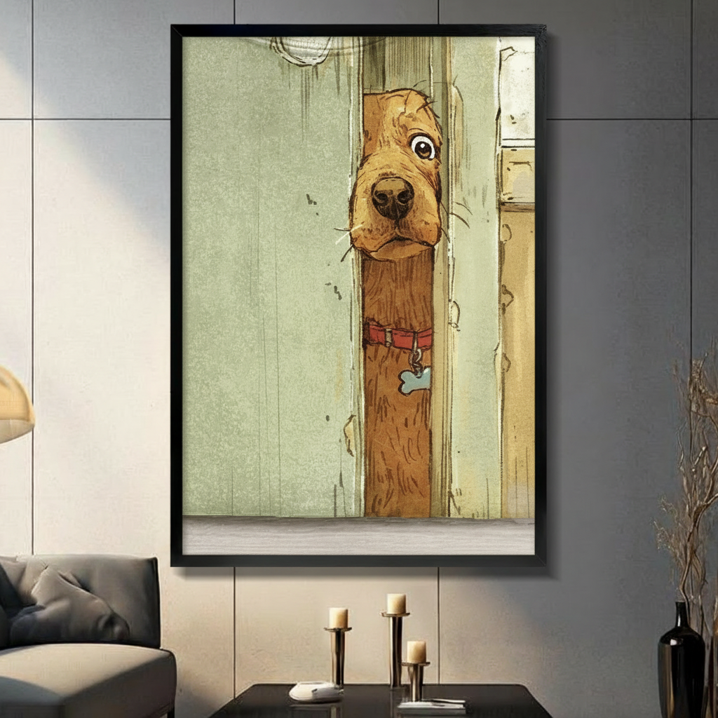 Cartoon golden dog peeking through door framed art print styled on a dark grey accent wall above a console table with candle holders