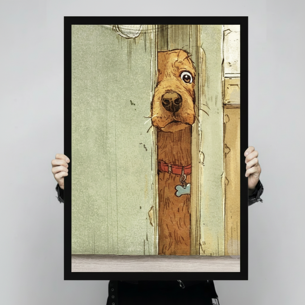 Hand-held close-up of a framed cartoon illustration showing a golden dog squeezing through a cracked wooden door with a bone tag collar
