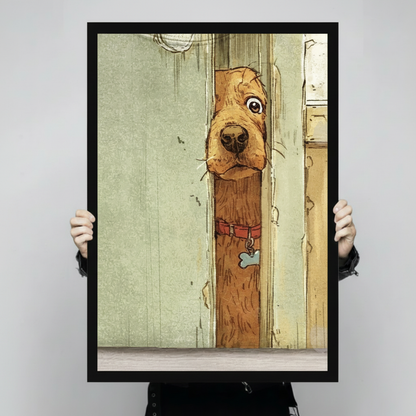Hand-held close-up of a framed cartoon illustration showing a golden dog squeezing through a cracked wooden door with a bone tag collar
