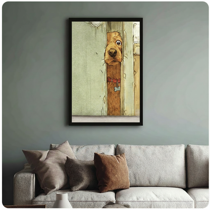 Framed wall art print of a curious golden dog peeking through a wooden door gap, displayed above a grey linen sofa in a modern living room
