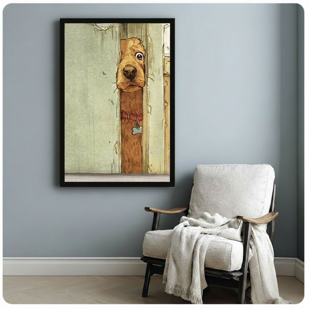 Black framed funny dog peeking through door art print hung on a blue-grey wall beside a wooden armchair with a white throw blanket
