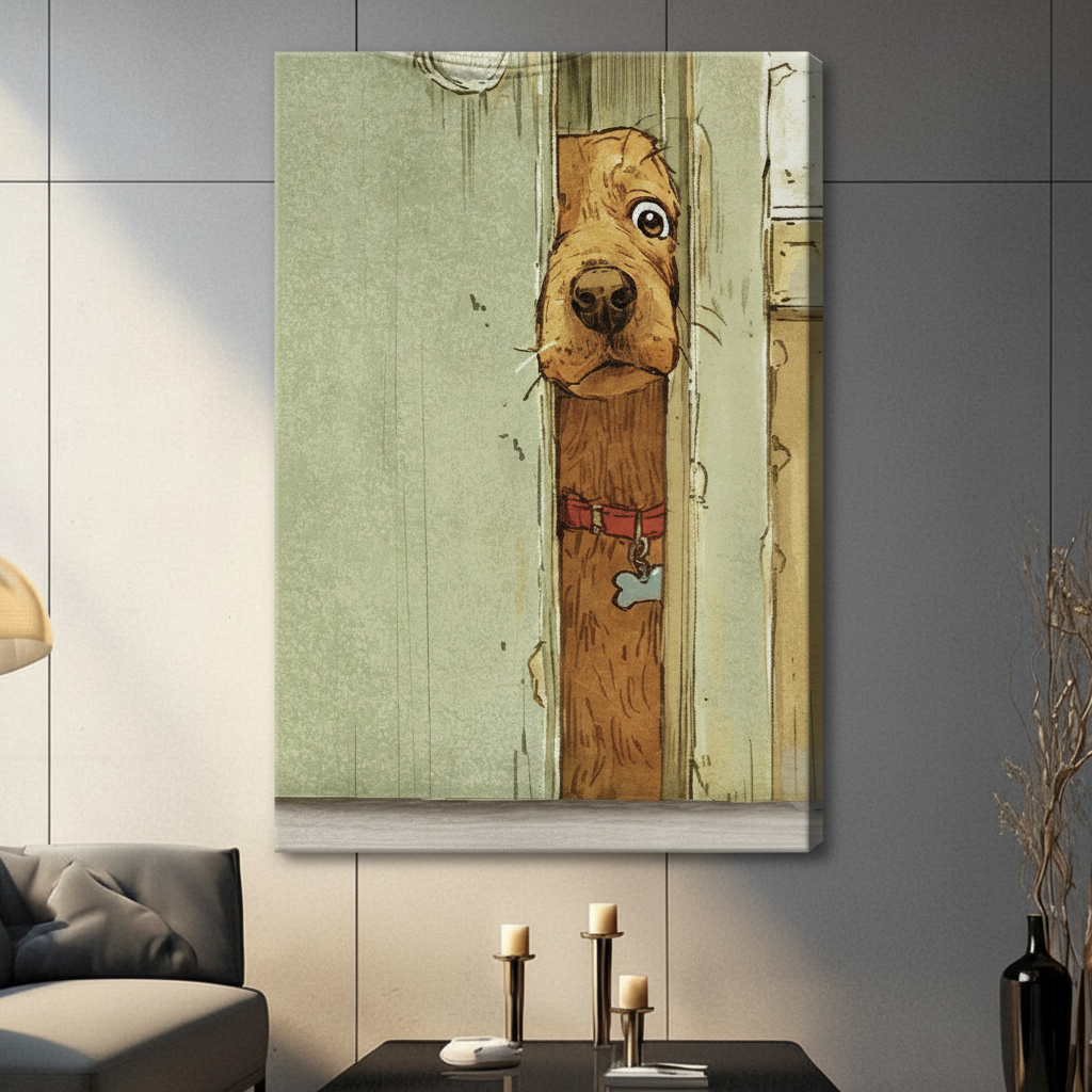 Main product image of a funny dog peeking through a wooden door gap wall art print with black frame on a clean white background