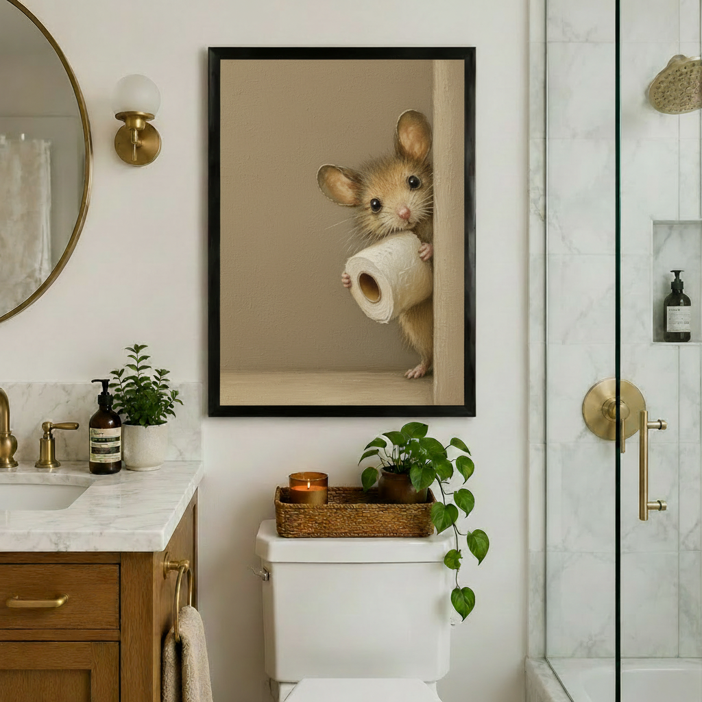 Soft realist oil painting of a fluffy golden mouse peeking around a corner hugging a toilet paper roll on a warm beige background funny mouse bathroom wall art framed print above a toilet in a white bathroom with gold fixtures round mirror glass shower and green plants
