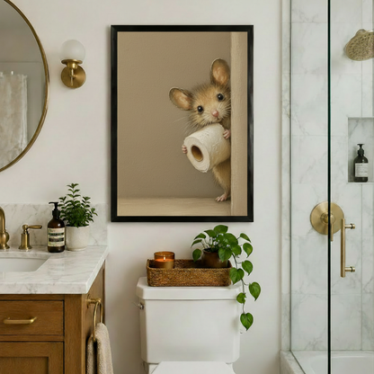 Soft realist oil painting of a fluffy golden mouse peeking around a corner hugging a toilet paper roll on a warm beige background funny mouse bathroom wall art framed print above a toilet in a white bathroom with gold fixtures round mirror glass shower and green plants