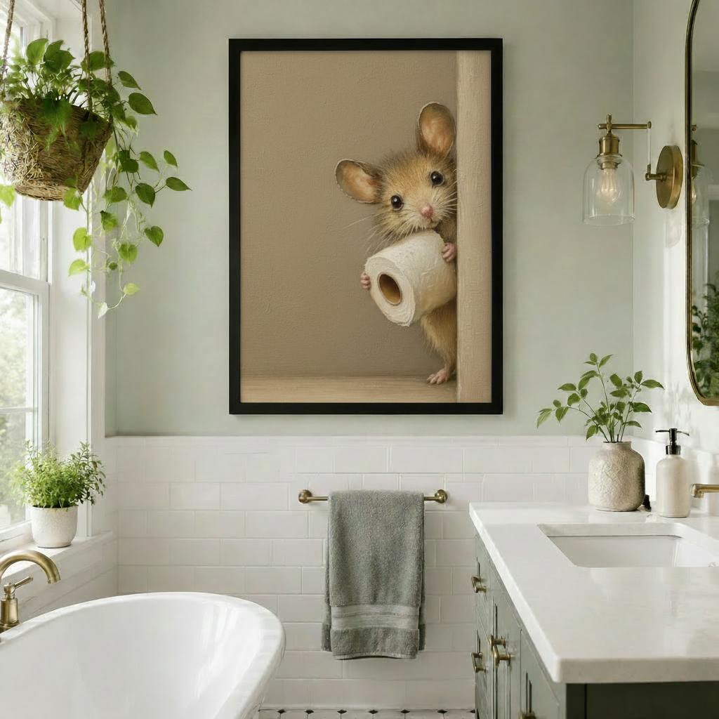 Soft realist painting of a fluffy golden mouse peeking from behind a door holding a toilet paper roll on a warm beige background funny bathroom wall art framed print on a sage green wall above a white tiled bathroom with freestanding tub gold fixtures and hanging plants