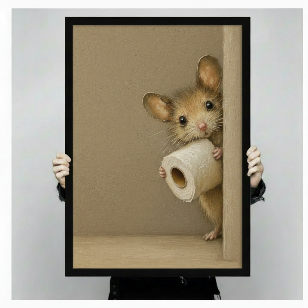 Soft oil painting of a round-eyed fluffy brown mouse clutching a toilet paper roll while peeking from a door frame on a warm cream background cute funny mouse bathroom wall art framed print held against a light gray background
