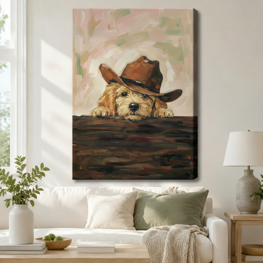 Gallery wrap canvas of a golden doodle puppy peeking over a dark ledge with a brown cowboy hat hung above a white sofa in a modern farmhouse living room