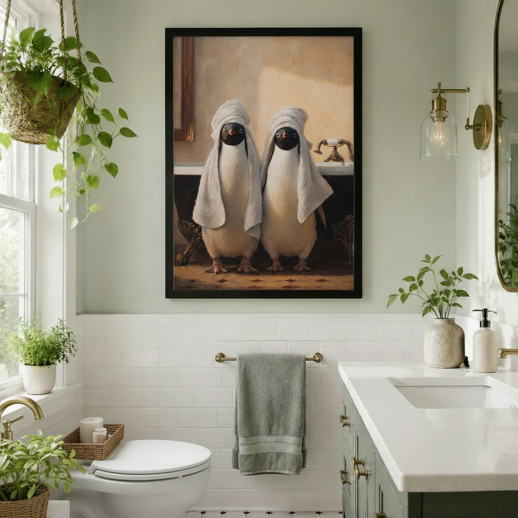 Black framed whimsical penguin duo canvas art hung in a bright bathroom with white subway tiles, hanging plants, and brass accents