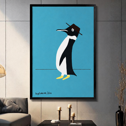 Minimalist penguin with brown hat art print in black frame displayed in modern living room, retro flat illustration teal blue wall decor