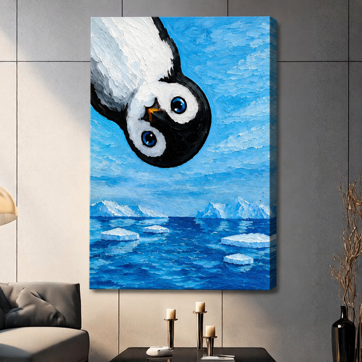 Unframed canvas wrap penguin wall art featuring a playful upside-down baby penguin over blue Antarctic ocean, gallery style