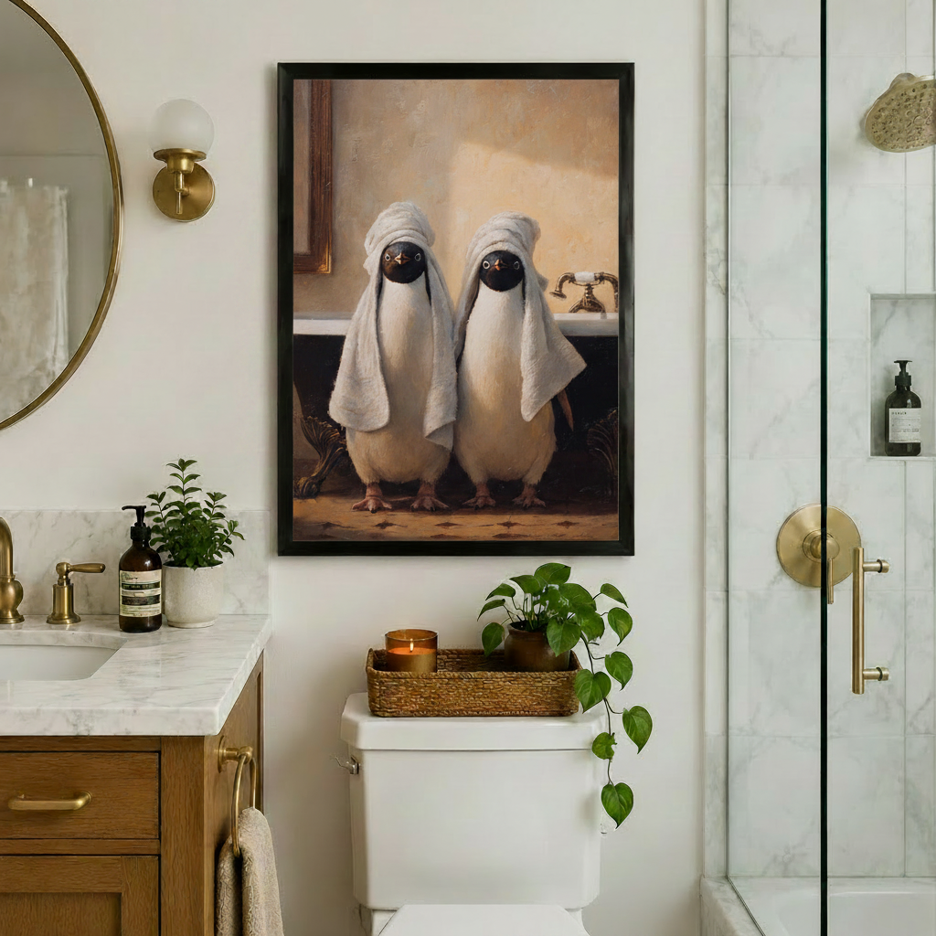 Framed penguin bathroom wall art showing two birds draped in white towels, displayed above toilet in a luxury marble bathroom with gold fixtures