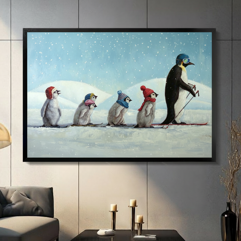 Whimsical painting of a parent penguin with ski poles leading four baby penguins in colorful winter hats on skis, in black float frame on gray paneled wall — funny penguin family wall art