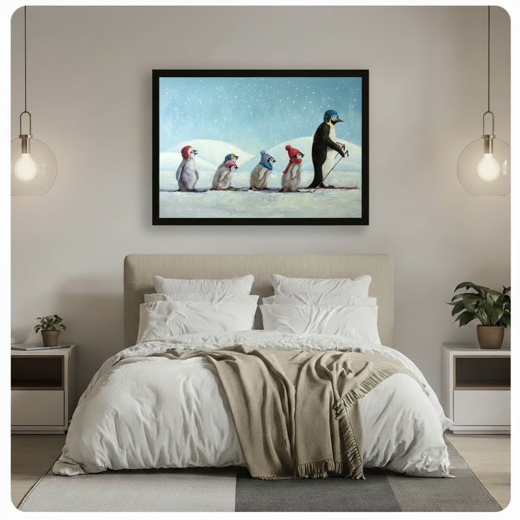Large black-framed skiing penguin family art print displayed above dark walnut sideboard with gold floor lamp and olive green chair — statement whimsical animal wall art
