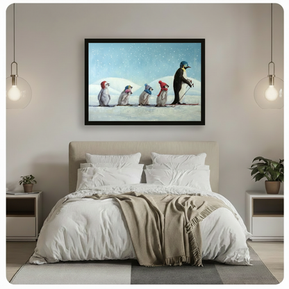 Large black-framed skiing penguin family art print displayed above dark walnut sideboard with gold floor lamp and olive green chair — statement whimsical animal wall art
