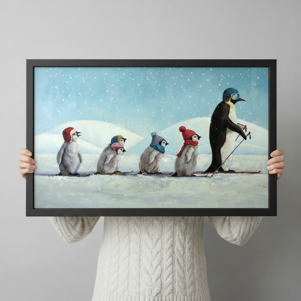 Person in white cable-knit sweater holding black-framed whimsical penguin skiing painting — size reference for funny animal wall art print