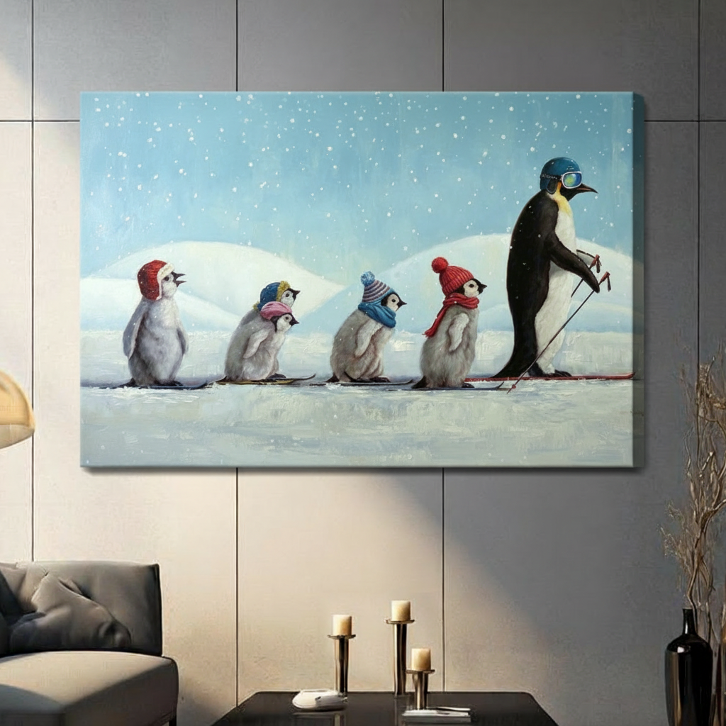 Frameless gallery-wrap canvas of five skiing penguins in knit hats on a snowy landscape, mounted on gray wall — cute penguin art print for kids or living room