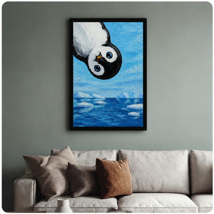 Black framed penguin oil painting art print hung above white sofa on sage green wall, whimsical Antarctic animal home decor