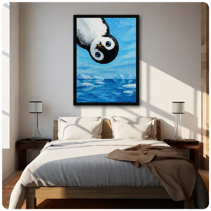 Black framed penguin oil painting wall art hung above wooden bed in bright bedroom, playful Antarctic penguin canvas print home decor