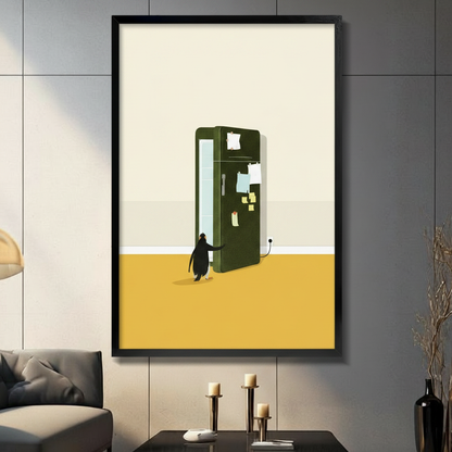 Framed wall art print of a penguin opening a dark green refrigerator covered in sticky notes, displayed in a modern living room