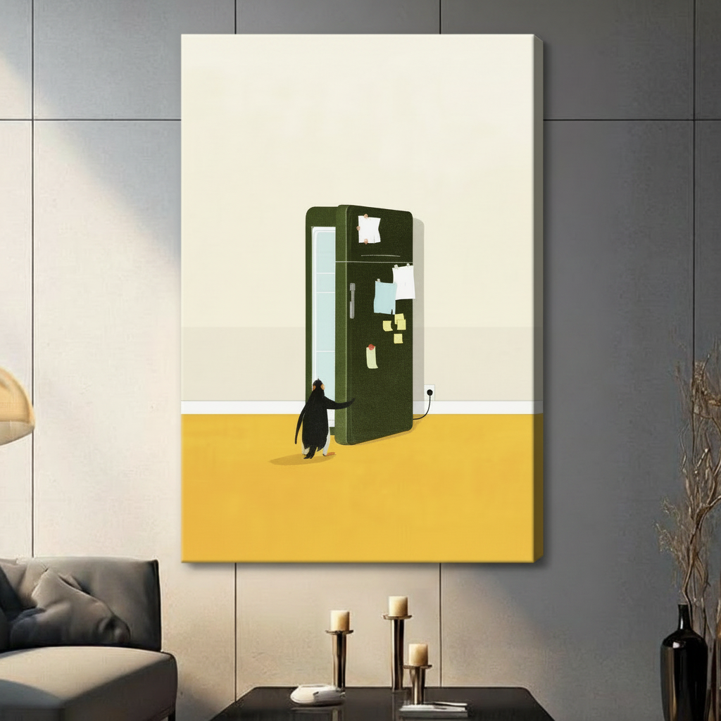 Stretched canvas wall art featuring a small penguin reaching for a vintage green fridge with sticky notes, gallery wrap style