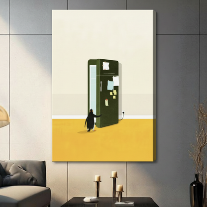 Stretched canvas wall art featuring a small penguin reaching for a vintage green fridge with sticky notes, gallery wrap style
