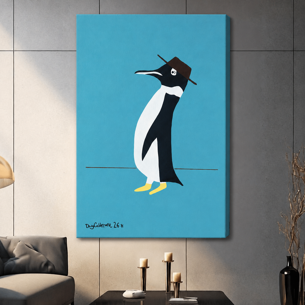 Frameless penguin wearing brown hat canvas print on teal blue background, bold flat illustration animal wall art for contemporary living room