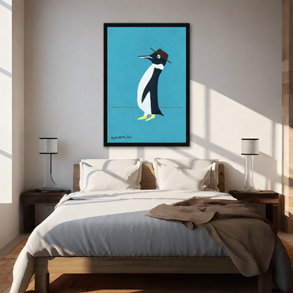 Penguin wearing brown hat framed wall art above bed in sunlit minimalist bedroom, whimsical retro flat illustration teal blue print for bedroom decor