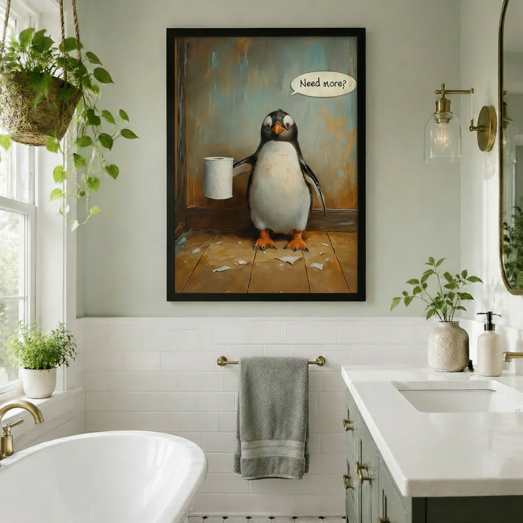 Whimsical penguin with toilet paper roll and Need More quote in vintage oil painting style, black framed funny wall art in bright bathroom with freestanding bathtub and gold accents