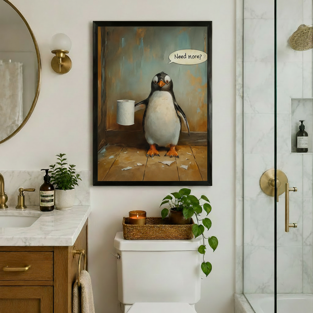 Humorous penguin with toilet paper and Need More quote in vintage oil painting, black framed funny bathroom art print above toilet in marble and gold luxury bathroom