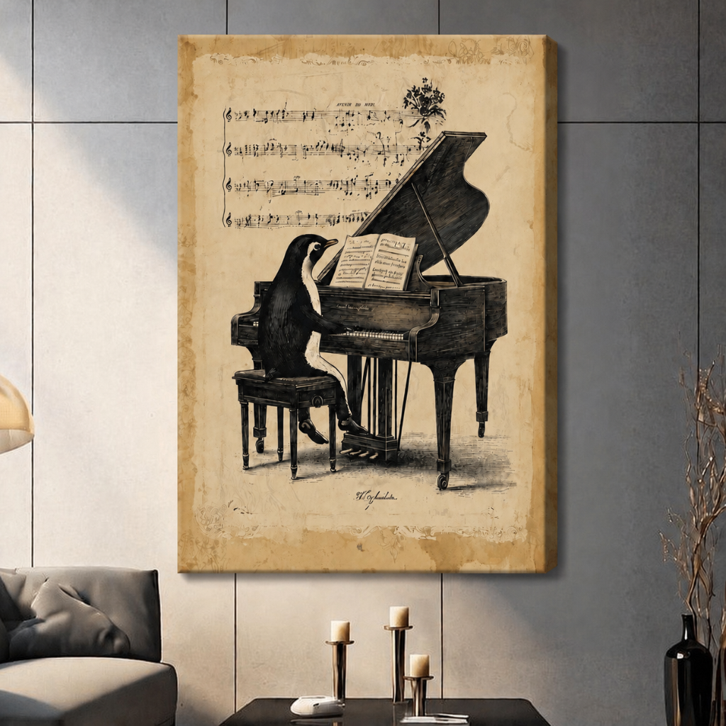 Gallery-wrapped canvas print featuring a penguin seated at a grand piano with antique sheet music background, styled in a warm contemporary living room