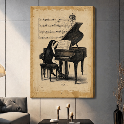 Gallery-wrapped canvas print featuring a penguin seated at a grand piano with antique sheet music background, styled in a warm contemporary living room