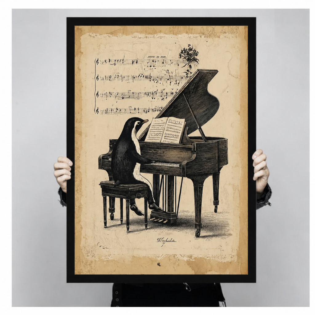 Close-up product shot of a vintage-style poster print showing a penguin playing a grand piano with aged parchment and handwritten sheet music details