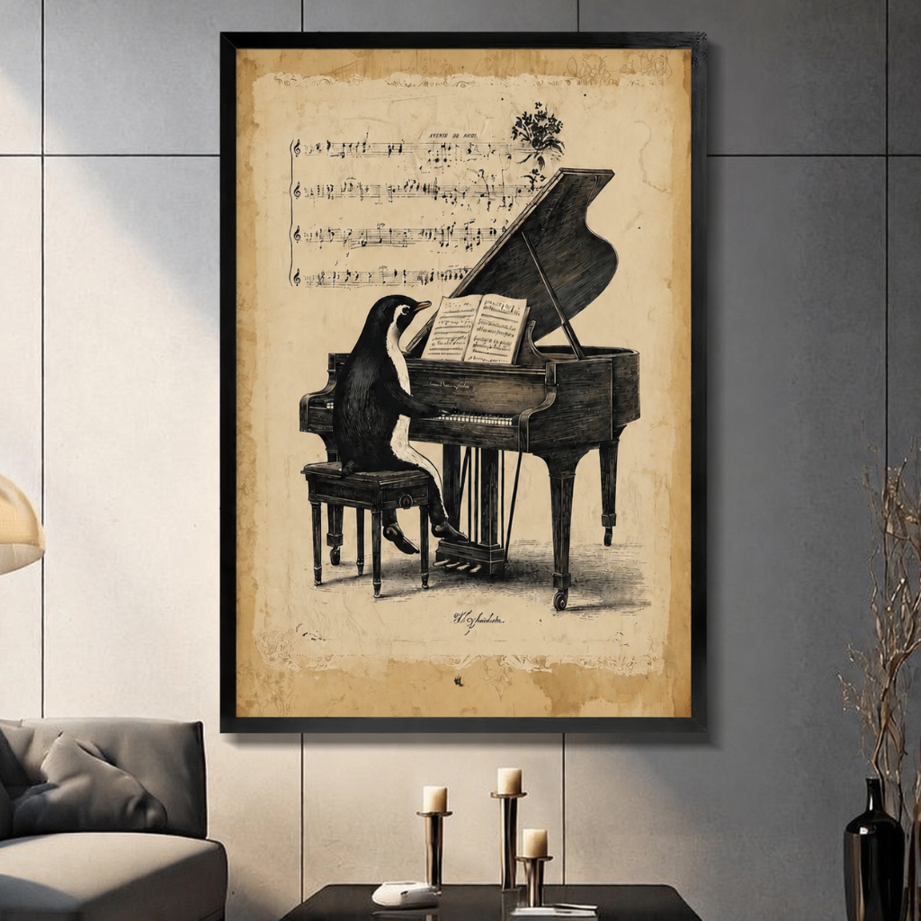Framed vintage wall art print of a penguin playing a grand piano on aged sheet music background, displayed in a modern dark living room