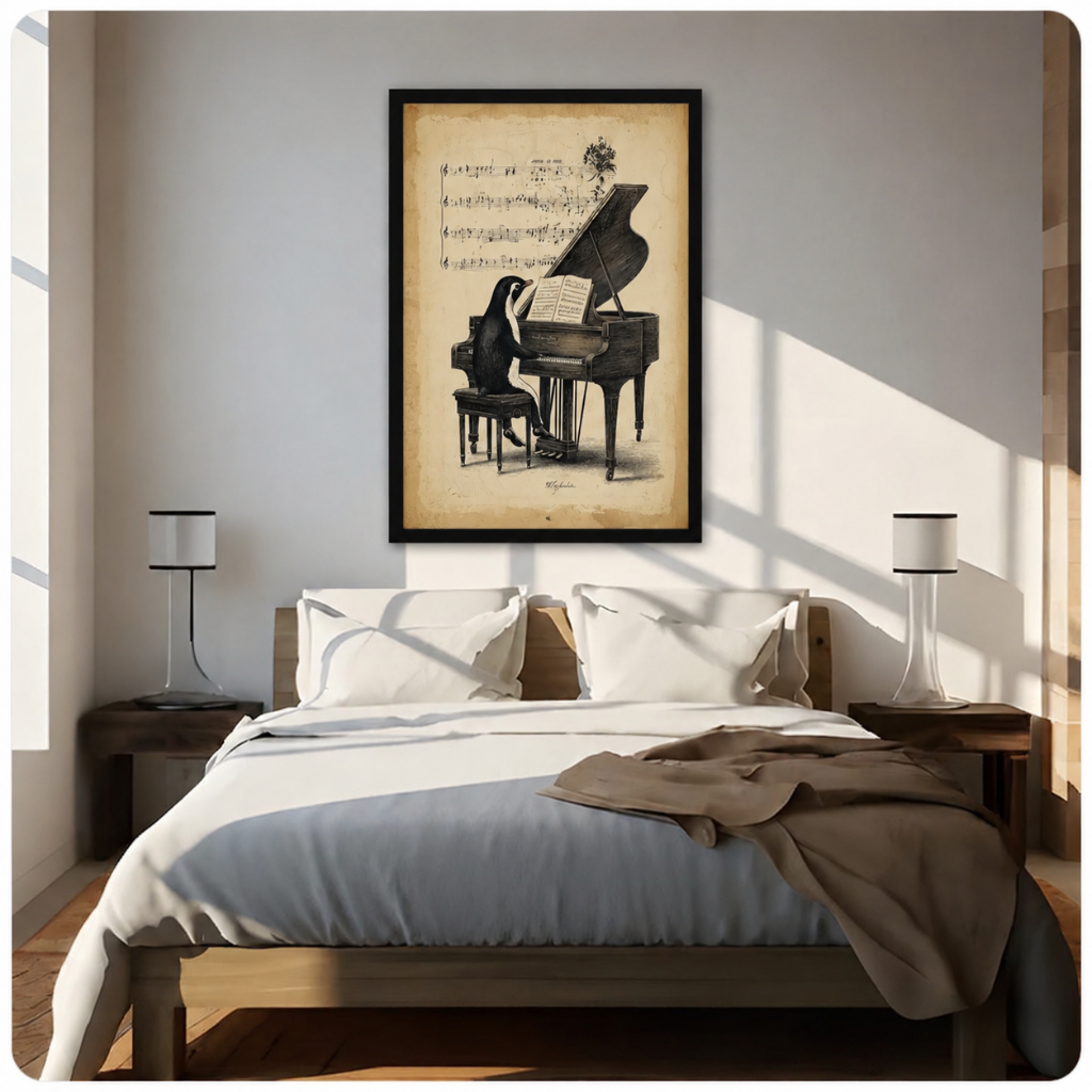 Framed wall art print of a penguin at a grand piano with vintage sheet music backdrop, displayed above a bed as elegant bedroom wall decor