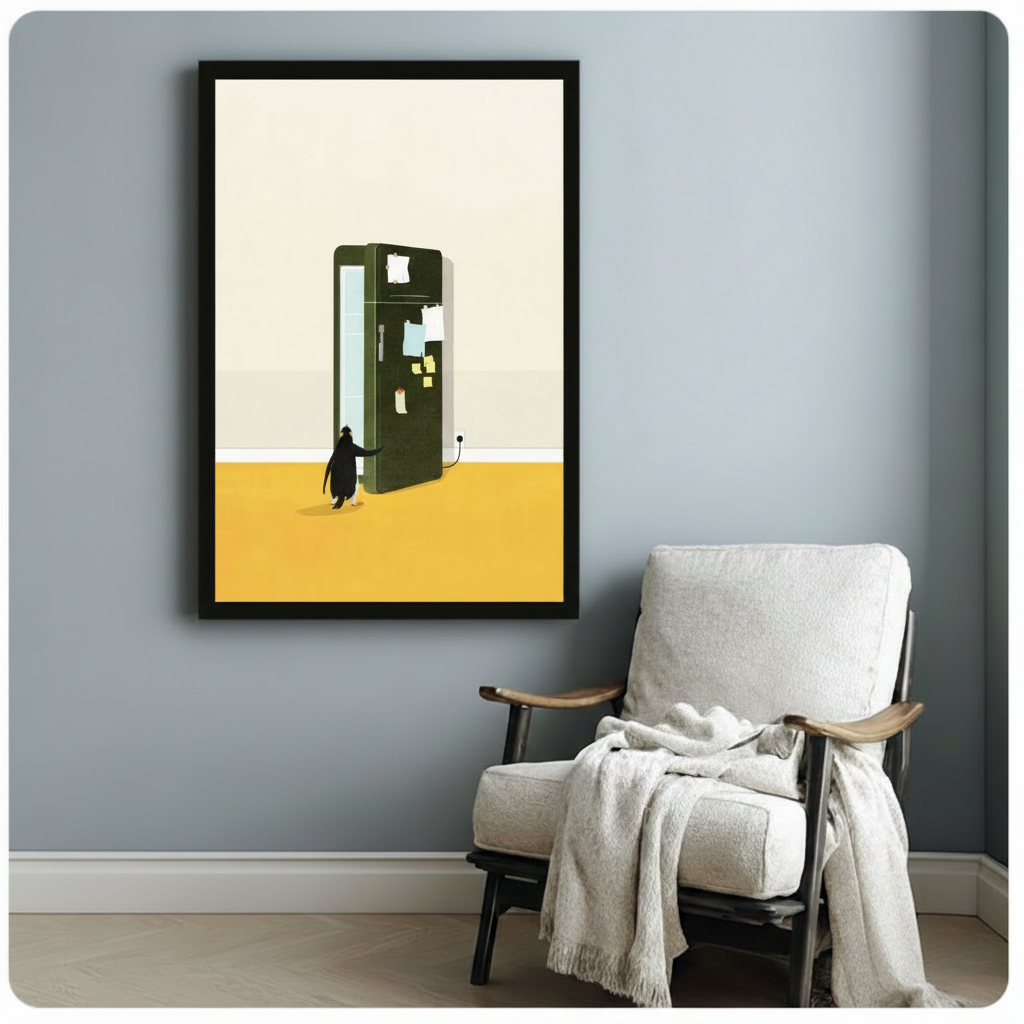 Minimalist framed art print of a penguin and a green refrigerator with notes, hung above a cozy armchair in a light gray room