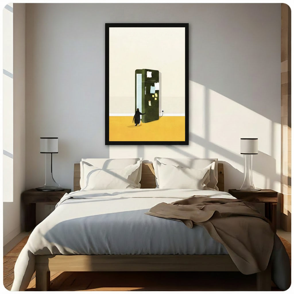 Black framed wall art print of a penguin and a vintage refrigerator with sticky notes, styled above a bed in a bright Scandinavian bedroom