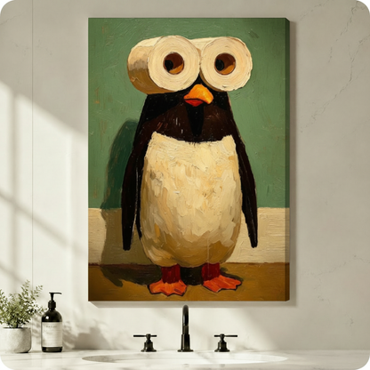 Gallery wrap stretched canvas of a round fluffy penguin with two toilet paper rolls stacked as giant googly eyes a yellow-orange beak and vivid orange webbed feet standing on a wooden floor whimsical bathroom humor oil painting on dark teal green background hung frameless above a bathroom vanity with black fixtures and a small potted plant