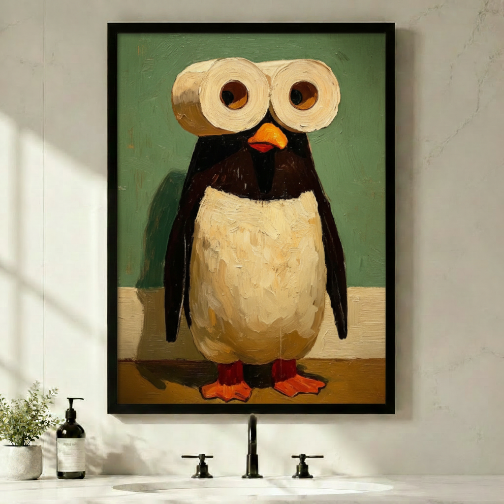 Black framed whimsical oil painting of a chubby black and white penguin standing upright with two toilet paper rolls as oversized eyes an orange beak and bright red-orange webbed feet funny bathroom humor canvas wall art on teal green background displayed above a modern bathroom sink with black faucet soap dispenser and small green plant