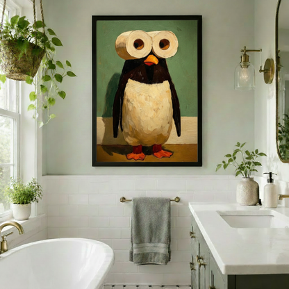 Black framed charming whimsical oil painting of a round black and white penguin standing with two toilet paper rolls as giant round eyes a yellow-orange beak and vivid red-orange flippers funny penguin bathroom canvas wall art on teal green background hung above a towel bar in a bright white subway tile bathroom with a freestanding tub gold fixtures and hanging plants
