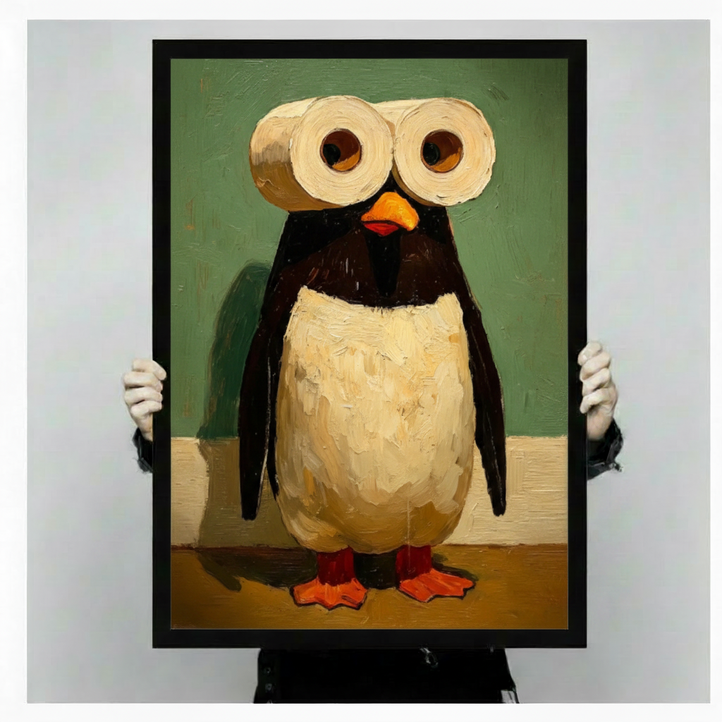 Two white gloved hands holding a large black framed whimsical oil painting of a chubby penguin with two toilet paper rolls as oversized googly eyes an orange beak and bright orange webbed feet funny bathroom humor canvas art print on dark teal green background, front-facing vertical product size display