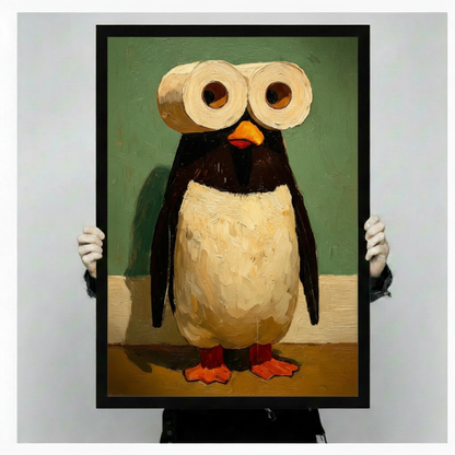 Two white gloved hands holding a large black framed whimsical oil painting of a chubby penguin with two toilet paper rolls as oversized googly eyes an orange beak and bright orange webbed feet funny bathroom humor canvas art print on dark teal green background, front-facing vertical product size display