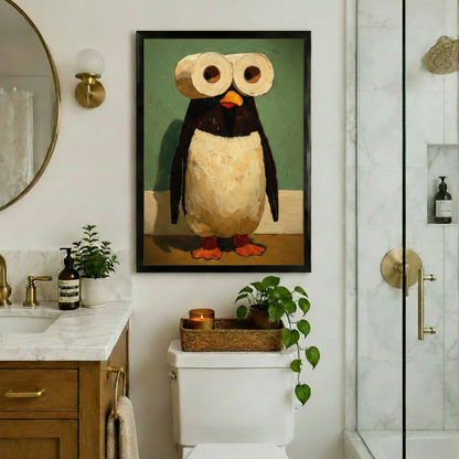 Black framed funny bathroom oil painting of a plump black and white penguin with two toilet paper rolls as wide cartoon eyes an orange beak and red-orange flippers standing on a wooden floor whimsical penguin humor canvas art on teal green background hung above a toilet with gold hardware marble countertop and lush green plants in a bright white tile bathroom