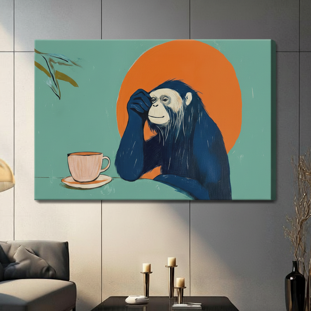Gallery wrapped canvas art featuring a pensive monkey with a coffee cup and orange sun on teal background, hung in a contemporary living room setting