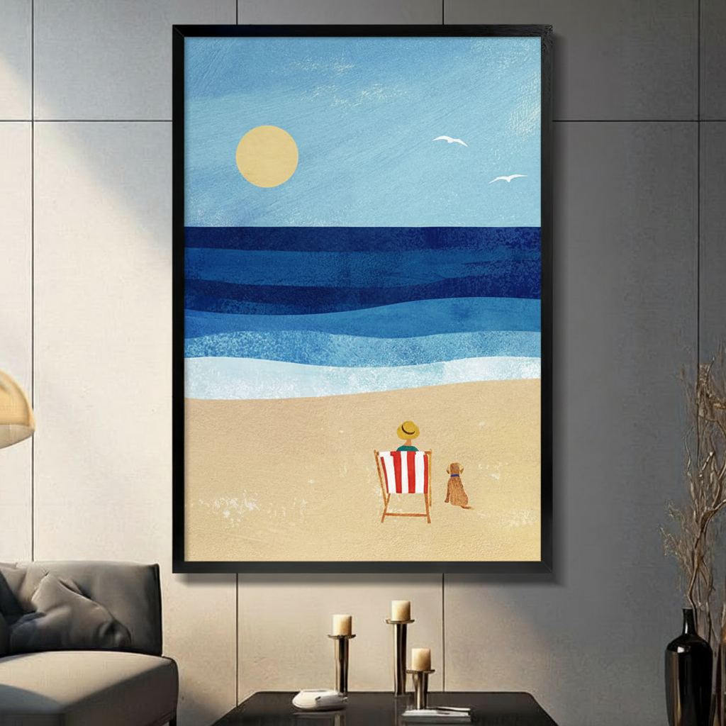 Person in yellow hat sitting on red and white striped beach chair beside brown dog facing layered blue ocean textured oil painting in black frame on dark grey panel wall – golden sun seagulls coastal canvas wall art for living room