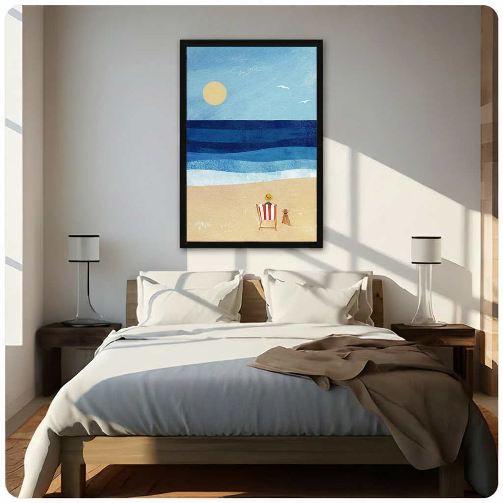Framed person in yellow hat and brown dog sitting on sandy beach facing layered blue ocean textured oil painting above dark wooden bed in sunlit bedroom – golden sun seagulls coastal canvas wall art for bedroom decor