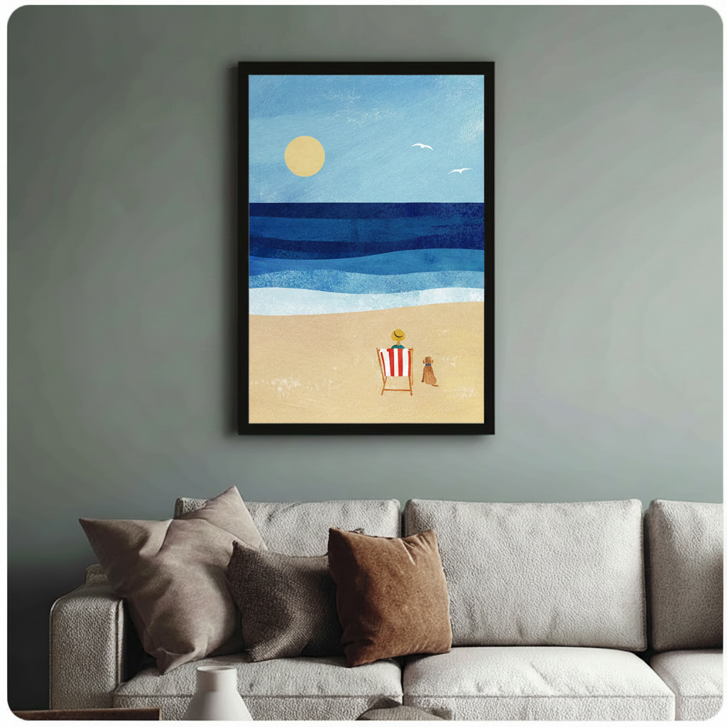 Framed person and brown dog sitting on sandy beach facing blue ocean textured oil painting above cream textured sofa on sage green wall – yellow sun seagulls beach chair coastal canvas wall art for living room decor