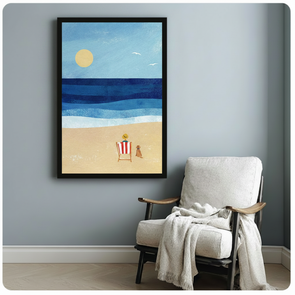 Person in yellow hat and brown dog on beach chair framed textured oil painting beside white linen wood armchair on blue grey wall – layered deep blue ocean golden sun coastal canvas art for reading corner