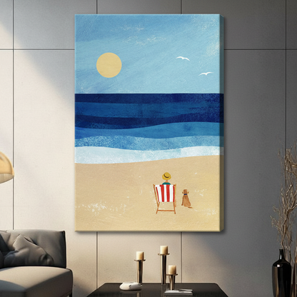 Frameless person in yellow straw hat on striped beach chair with brown dog beside deep blue layered ocean textured oil painting on dark grey panel wall – golden sun two seagulls coastal canvas print for contemporary living room